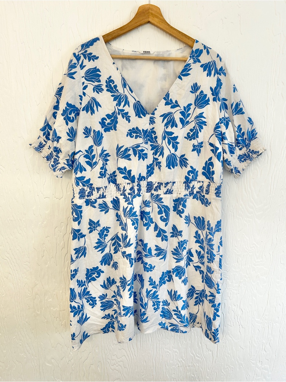 PENNINGTONS Linen Tropical Floral Sundress 1X Blue White Coastal Beach Boho